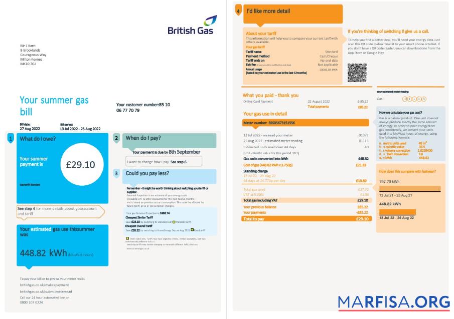 Blank United Kingdom British Gas utility bill, Word and PDF template, 4 pages 1 2